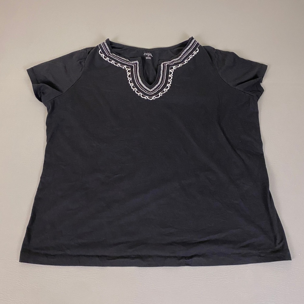 Falls Creek T-Shirt Women Plus Size 2X Black Short Sleeve Embroidered Split Neck